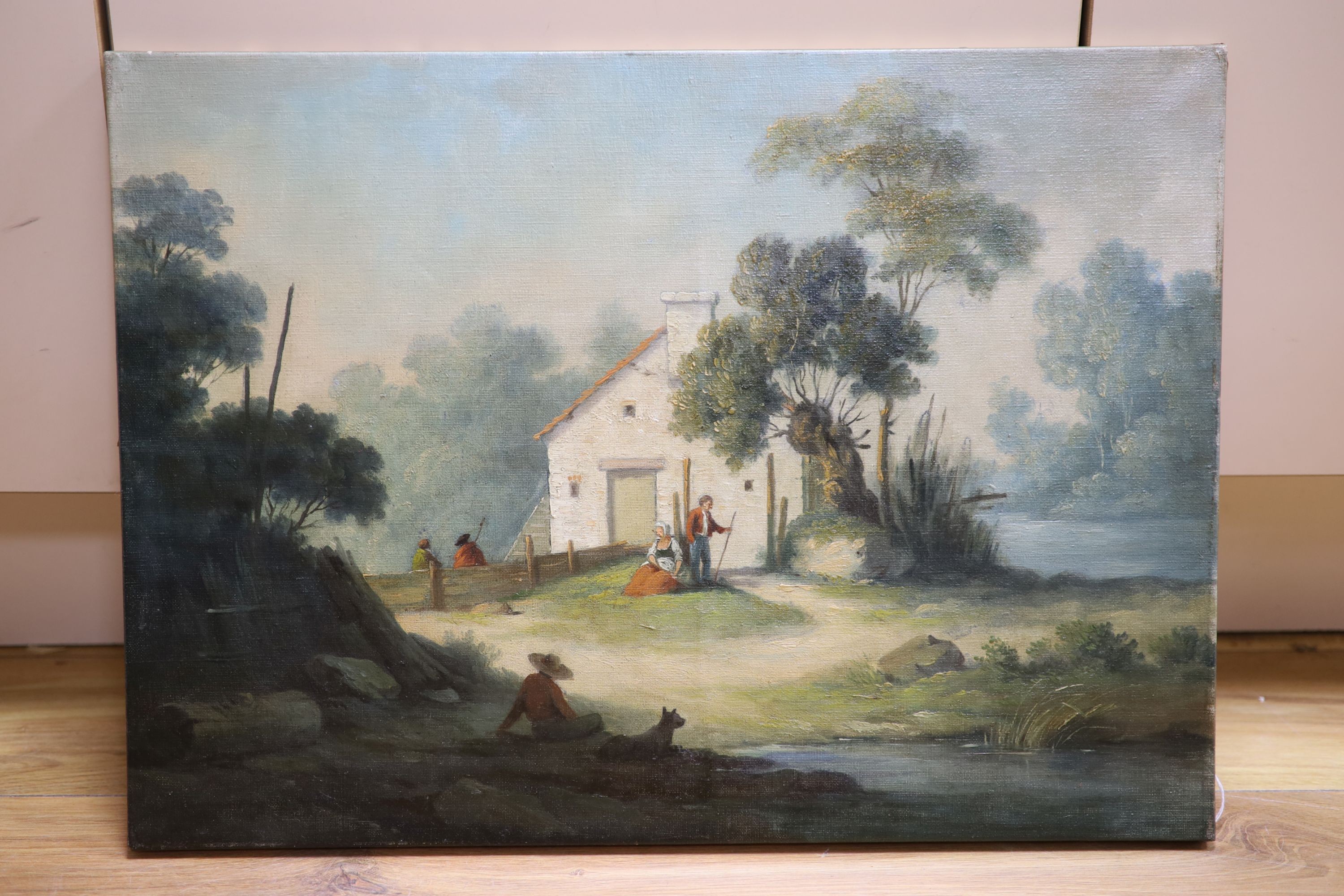 Continental school, 19th century oil on canvas, figures in a rustic landscape, 41 x 56 cm, unframed.